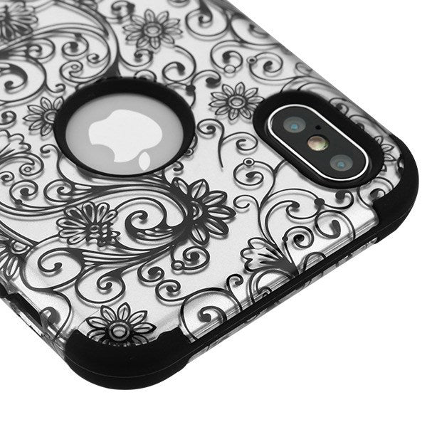 For Apple iPhone XS Max Stylish Hybrid Three Layer Hard PC Shockproof Heavy Duty TPU Rubber Anti-Drop Black Leaf Clover Flower Phone Case Cover