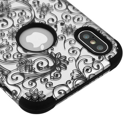 For Apple iPhone XS Max Stylish Hybrid Three Layer Hard PC Shockproof Heavy Duty TPU Rubber Anti-Drop Black Leaf Clover Flower Phone Case Cover