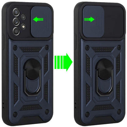 For Samsung Galaxy A73 5G Hybrid Cases with Slide Camera Lens Cover and Ring Holder Kickstand Rugged Dual Layer Heavy Duty  Phone Case Cover