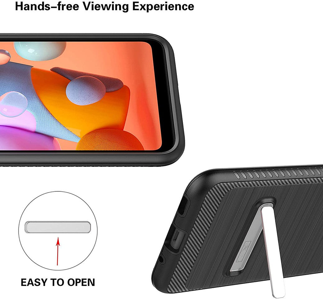 For Apple iPhone 13 (6.1") Slim Brushed Hybrid Shock-Absorption Armor Edged Carbon Fiber with Metal Kickstand Rugged Texture  Phone Case Cover