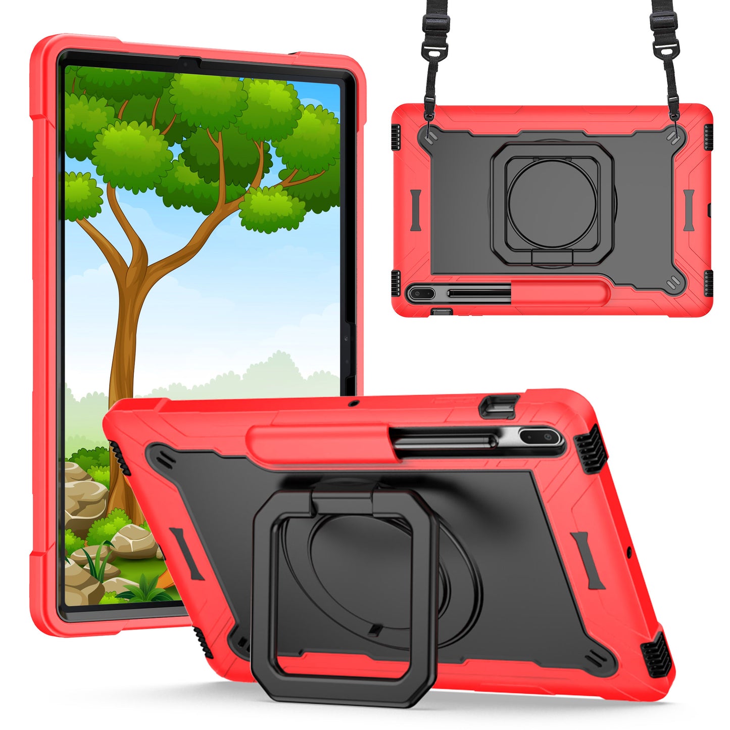 Case for Apple iPad Air 4 / iPad Air 5 / iPad Pro (11 inch) Tough Hybrid Armor 3in1 with 360 Degree Rotating Kickstand & Shoulder Strap Shockproof Red / Black Tablet Cover