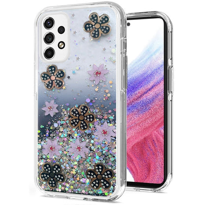 For Apple iPhone 13 Pro Max (6.7") Floral Stylish Design Glitter Shiny Hybrid Rubber TPU Hard PC Shockproof Slim Fit  Phone Case Cover