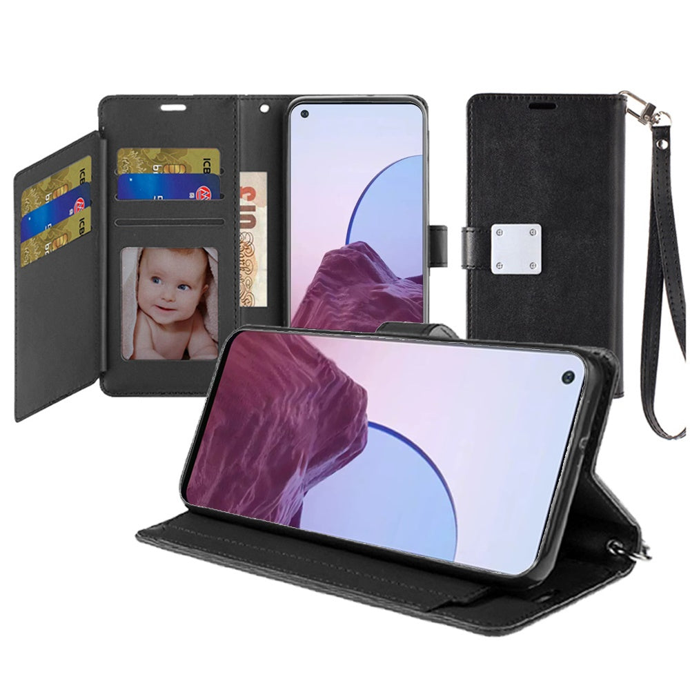 For Apple iPhone 13 Pro Max 6.7" Wallet Case PU Leather Credit Card ID Pocket Cash Holder Slot Dual Flip Pouch Folio Stand and Strap Black Phone Case Cover