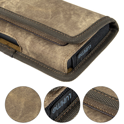 For Samsung Galaxy A22 5G, Boost Celero 5G Universal Horizontal Cell Phone Case Fabric Holster Carrying Pouch with Belt Clip and 2 Card Slots fit Large Devices 6.3" [Brown Denim]