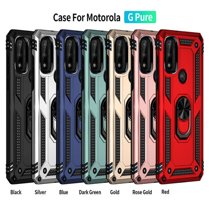 For Motorola Moto G Pure Military Grade Heavy Duty Armor Protection Hybrid with Rotating Metal Ring Kickstand Finger Loop Stand  Phone Case Cover