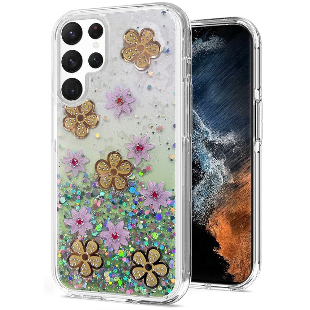 For Samsung Galaxy S22 Ultra Floral Stylish Design Glitter Shiny Hybrid Rubber TPU Hard PC Shockproof Armor Slim Fit  Phone Case Cover