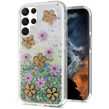 For Samsung Galaxy S22 Ultra Floral Stylish Design Glitter Shiny Hybrid Rubber TPU Hard PC Shockproof Armor Slim Fit  Phone Case Cover