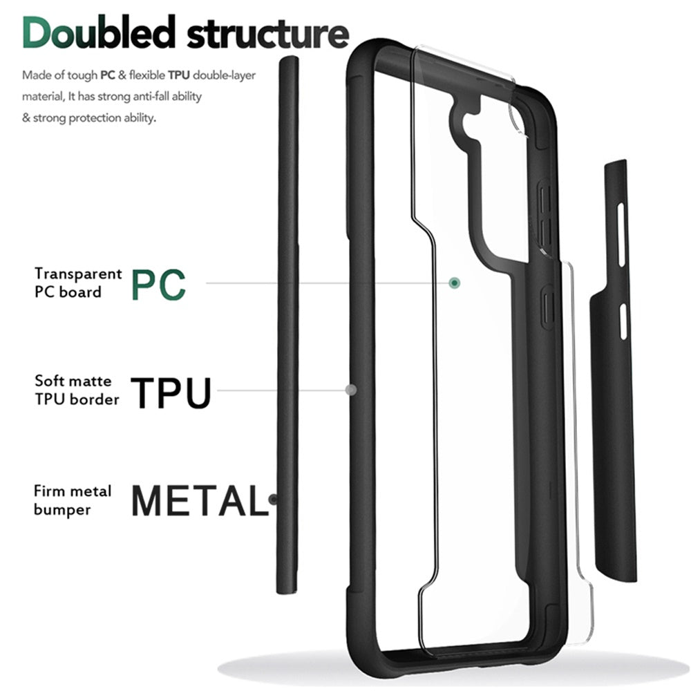 For Samsung Galaxy S22+ Plus Hybrid Aluminum Alloy Metal Clear Transparent Back PC TPU Bumper Frame Armor Shockproof Black Phone Case Cover