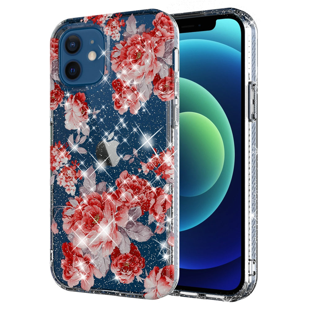 For Apple iPhone XR Stylish Slim Hybrid Shiny Glitter Clear Floral Pattern Bloom Flower Design TPU Gel Hard PC Back  Phone Case Cover
