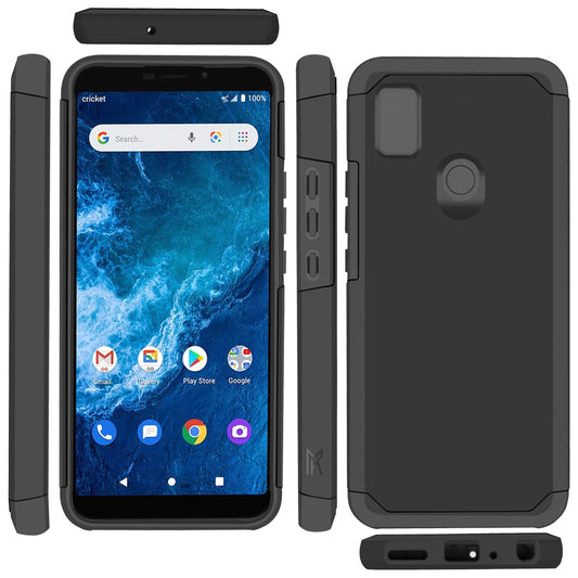 For Cricket Icon 4 Ultra Slim Shock Absorption 2in1 Tuff Hybrid Dual Layer Hard PC TPU Rubber Frame Armor Defender Black Phone Case Cover