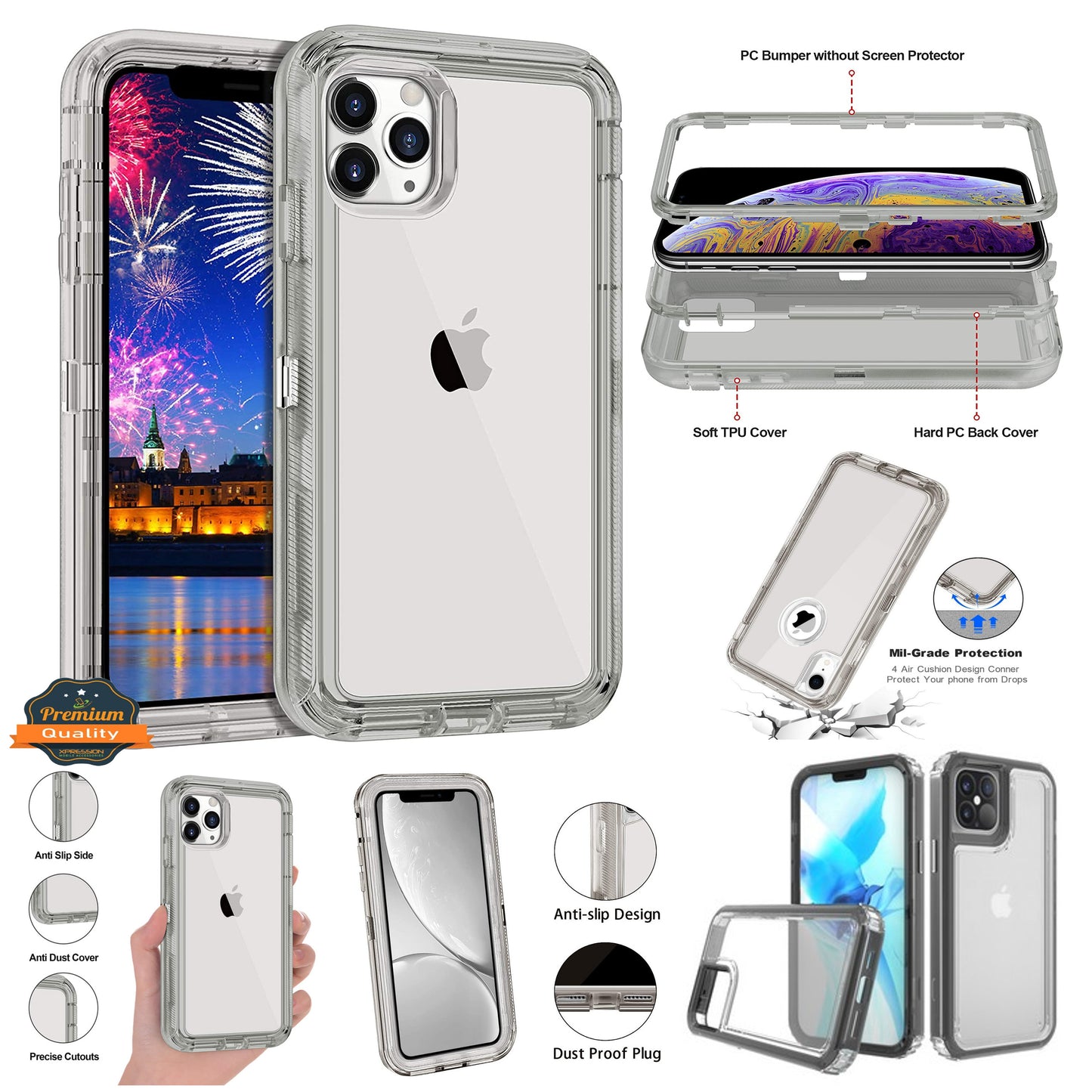 For Apple iPhone 13 Pro Max (6.7") Clear Transparent 3 Layer Heavy Duty Rugged Full Body Shockproof Hybrid Hard PC + TPU Bumper Protective  Phone Case Cover