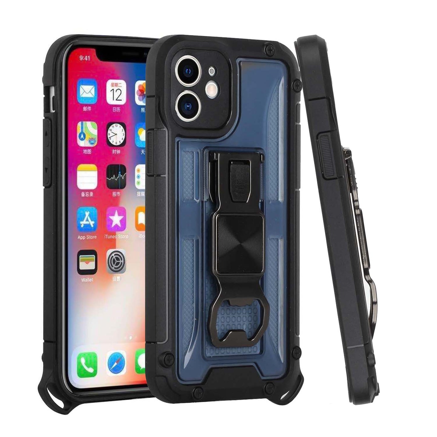 For Apple iPhone 13 Pro Max (6.7") Heavy Duty Military Grade Rugged Hybrid with Magnetic Kickstand, Carabiner, Bottle Beer Opener Shockproof  Phone Case Cover
