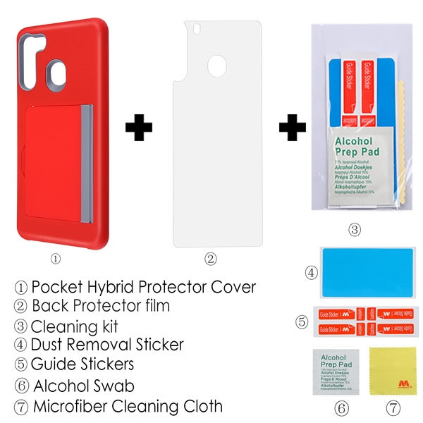 For Samsung Galaxy A21 Credit Card Wallet Back Storage Invisible Pocket Dual Layer Hard PC TPU Hybrid Red Phone Case Cover