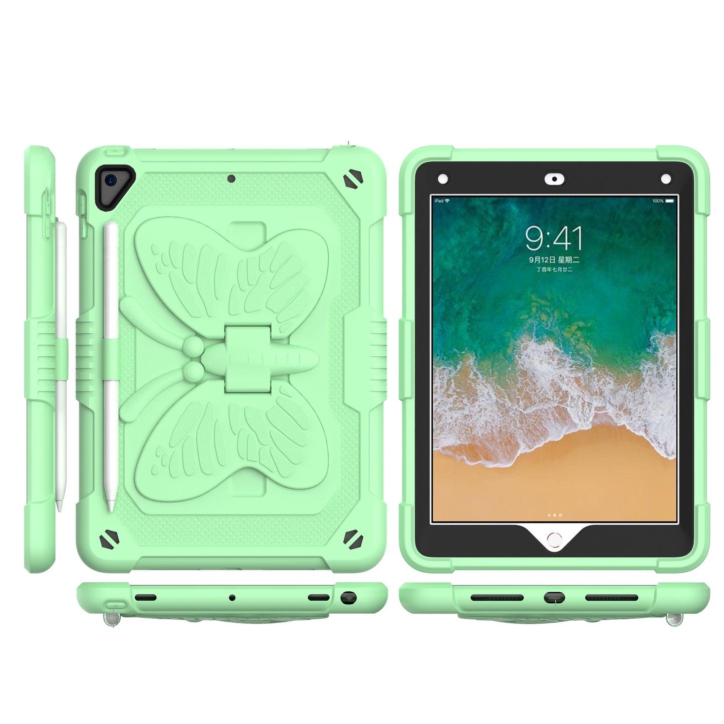 Case for Apple iPad Air 4 / iPad Air 5 / iPad Pro (11 inch) Butterfly Wings Kickstand 3in1 Tough Hybrid with Pencil Holder Heavy Duty Rugged Shockproof Full Protective Green Tablet Cover