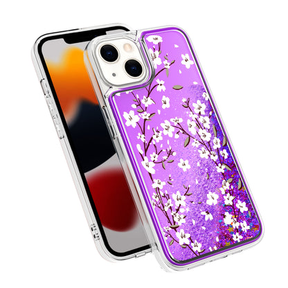 For Apple iPhone 14 (6.1") Floral Design Quicksand Water Flowing Liquid Floating Sparkle Colorful Bling Hybrid  Phone Case Cover