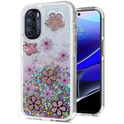 For Motorola Moto G Stylus 5G 2022 Floral Stylish Design Glitter Shiny Hybrid Rubber TPU Hard PC Shockproof Armor Slim  Phone Case Cover