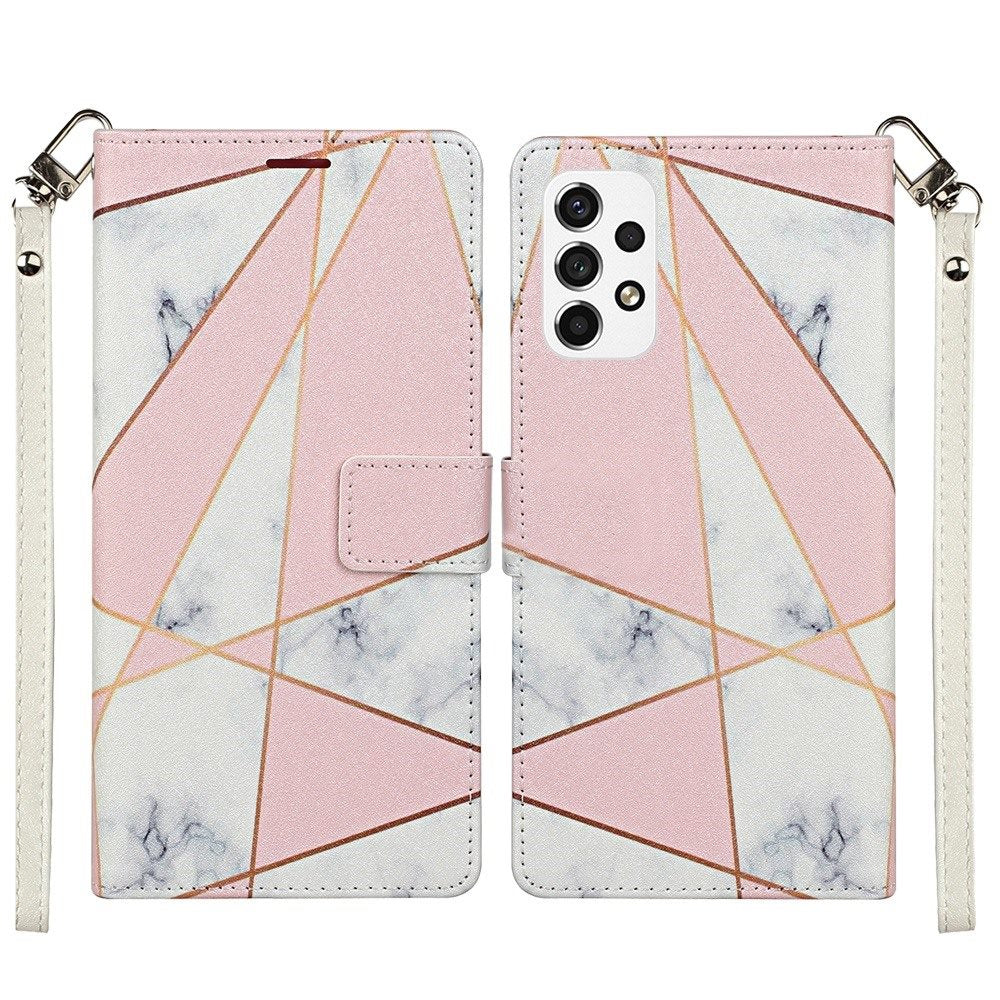 For Samsung Galaxy S22+ Plus Wallet Case PU Leather Design Pattern with Credit Card Slot Strap, Stand Folio Pouch Pink Marble Phone Case Cover