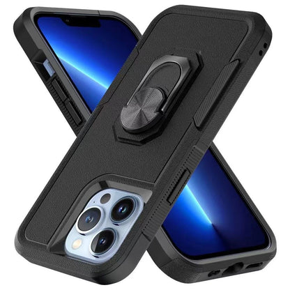 For Apple iPhone 14 (6.1") Hybrid Rugged Hard Drop-Proof 3 Layer Protection Military Grade Armor with Metal Ring Stand  Phone Case Cover