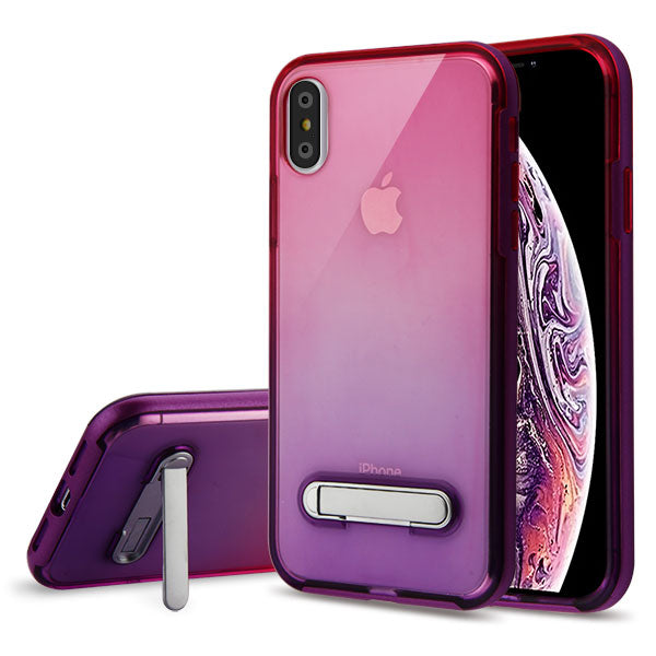 For Apple iPhone XS Max Slim Hybrid Transparent Rubber Gummy Hard PC with Kickstand Protective Purple Pink Phone Case Cover