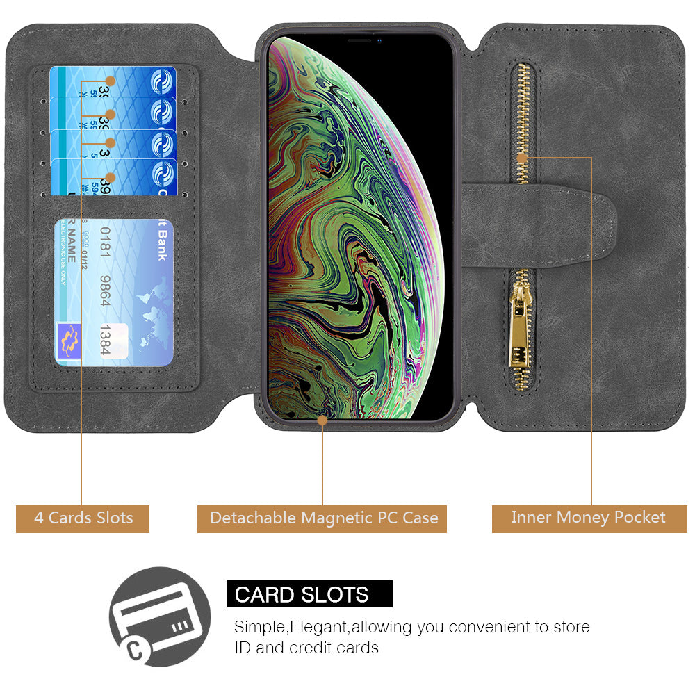For Apple iPhone 13 /Pro Max Mini Wallet Case Magnetic Detachable Zipper Pocket PU Leather Flip Pouch with 7 Credit Card Slots Holder  Phone Case Cover