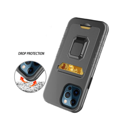 For Apple iPhone 13 /Pro Max Credit Card Holder Slot with Stand Kickstand Ring Hybrid Heavy Duty Defender Armor TPU Military Grade  Phone Case Cover