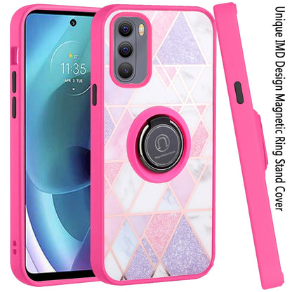 For Motorola Moto G Stylus 4G 2022 Unique Marble Design with Magnetic Ring Kickstand Holder Hybrid TPU Hard PC Armor  Phone Case Cover