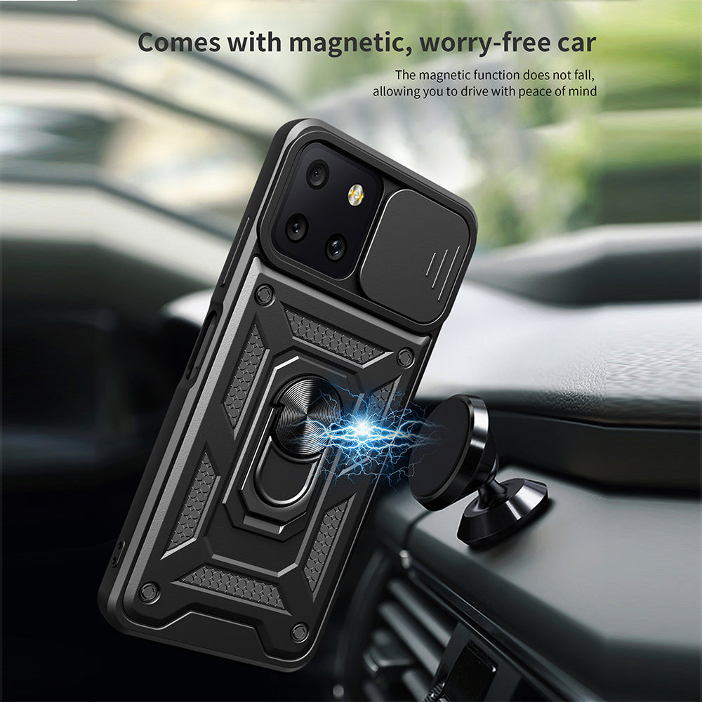 For T-Mobile Revvl 6 5G Hybrid Cases with Kickstand, Slide Camera Lens Protection + 360° Rotate Ring Stand Black Phone Case Cover