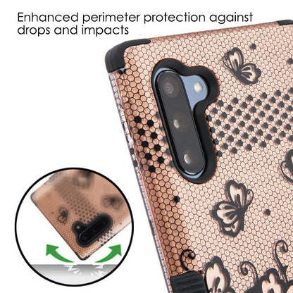 For Samsung Galaxy S10 5G (6.7") Hybrid Three Layer Hard PC Shockproof Heavy Duty TPU Rubber Anti-Drop Rose Gold Lace Flowers Phone Case Cover