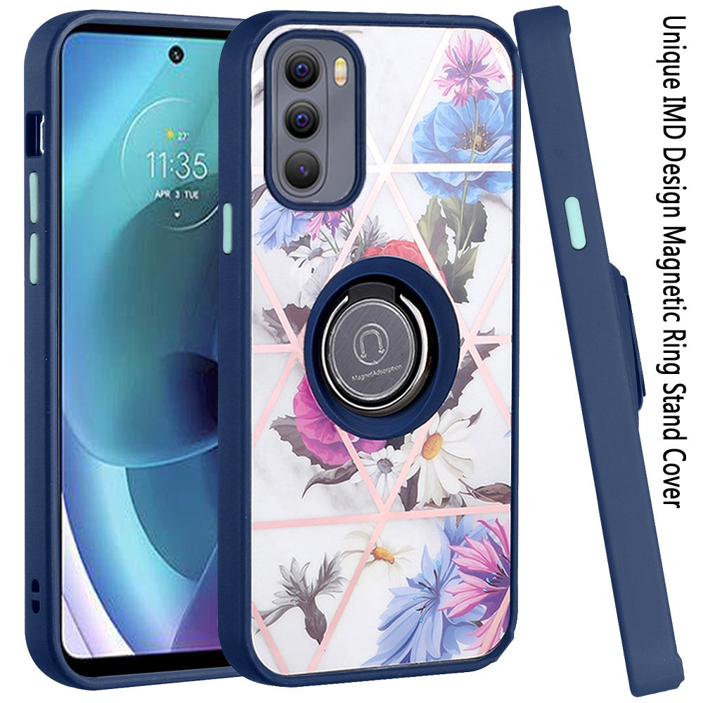 For Motorola Moto G Stylus 4G 2022 Unique Marble Design with Magnetic Ring Kickstand Holder Hybrid TPU Hard PC Armor  Phone Case Cover