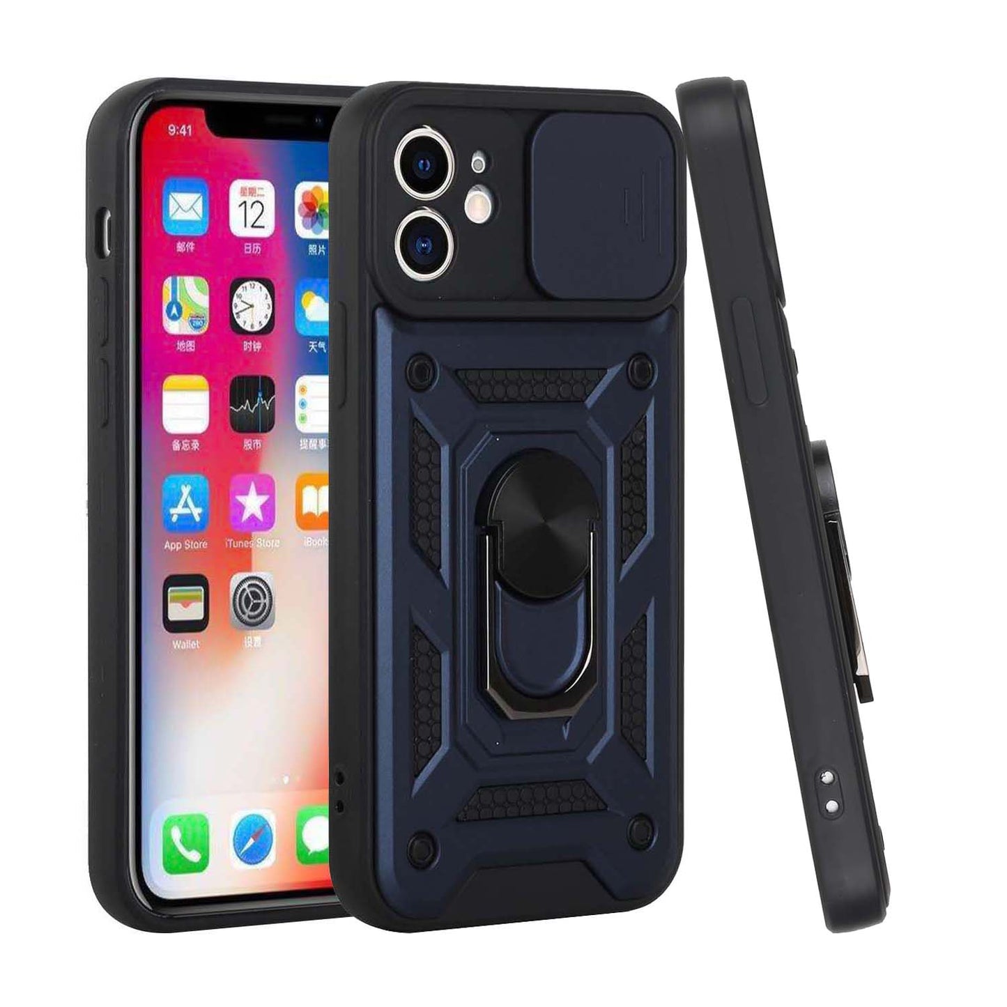 For Apple iPhone 14 (6.1") Hybrid Cases with Slide Camera Lens Cover, Ring Holder Kickstand Rugged Dual Layer  Phone Case Cover