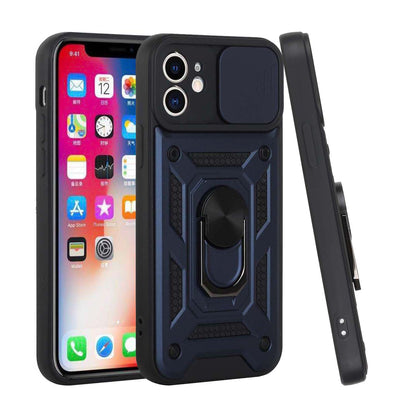 For Apple iPhone 14 (6.1") Hybrid Cases with Slide Camera Lens Cover, Ring Holder Kickstand Rugged Dual Layer  Phone Case Cover