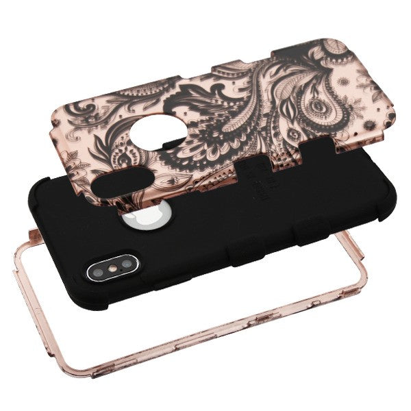 For Apple iPhone XS Max Stylish Hybrid Three Layer Hard PC Shockproof Heavy Duty TPU Rubber Anti-Drop Phoenix Flower Phone Case Cover