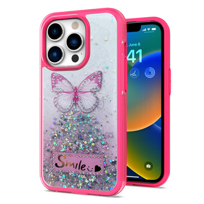 For Apple iPhone 14 /Plus Pro Max Butterfly Smile Glitter Bling Sparkle Epoxy Glittering Shining Hybrid Hard PC TPU Slim  Phone Case Cover