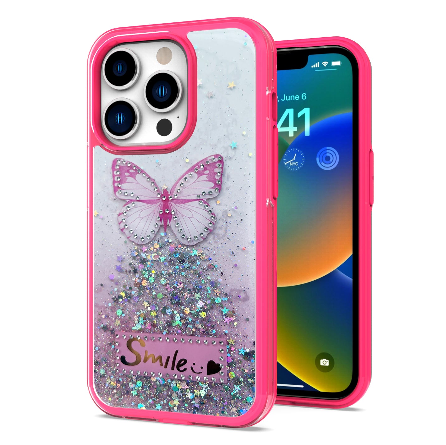 For Apple iPhone 13 /Pro Max Butterfly Smile Glitter Bling Sparkle Epoxy Glittering Shining Hybrid Hard PC TPU Silicone Slim  Phone Case Cover