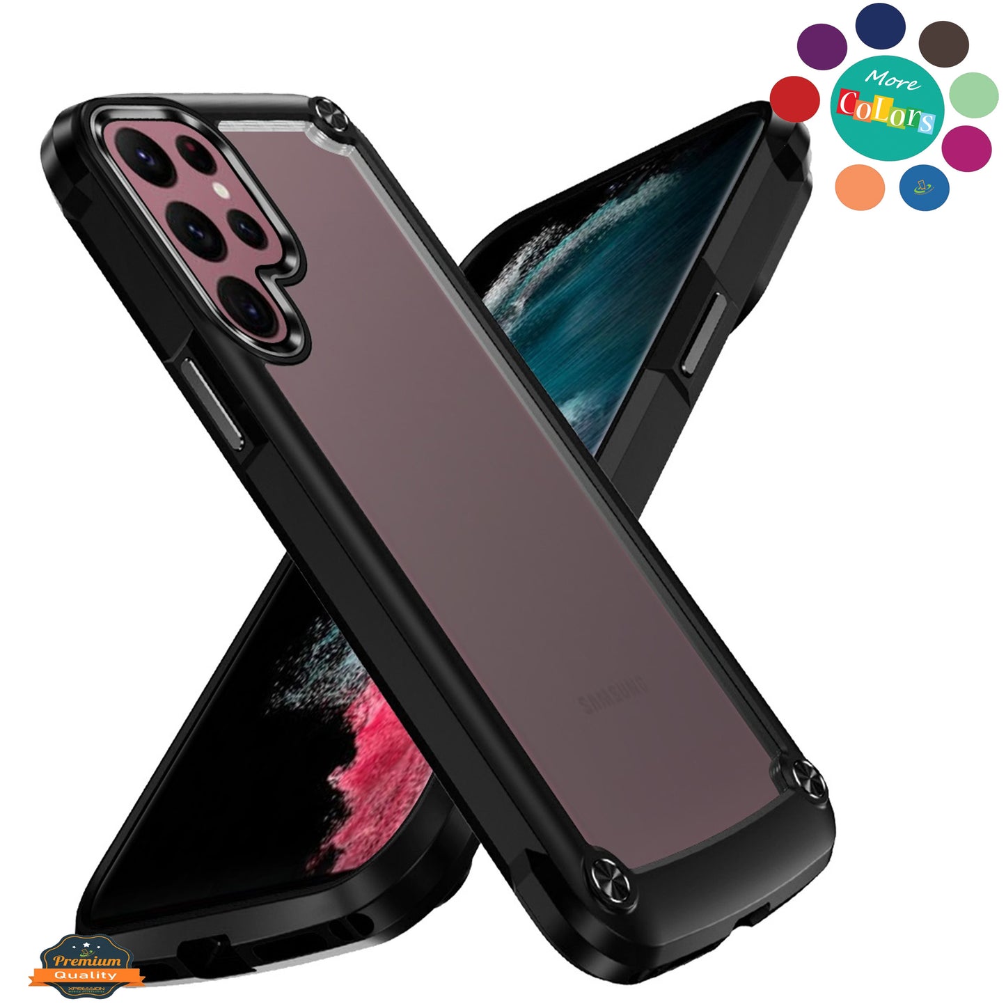 For Samsung Galaxy S22 Ultra Hybrid Transparent Rubber Gummy with Metal Buttons Hard PC TPU Corner Bumper Frame  Phone Case Cover