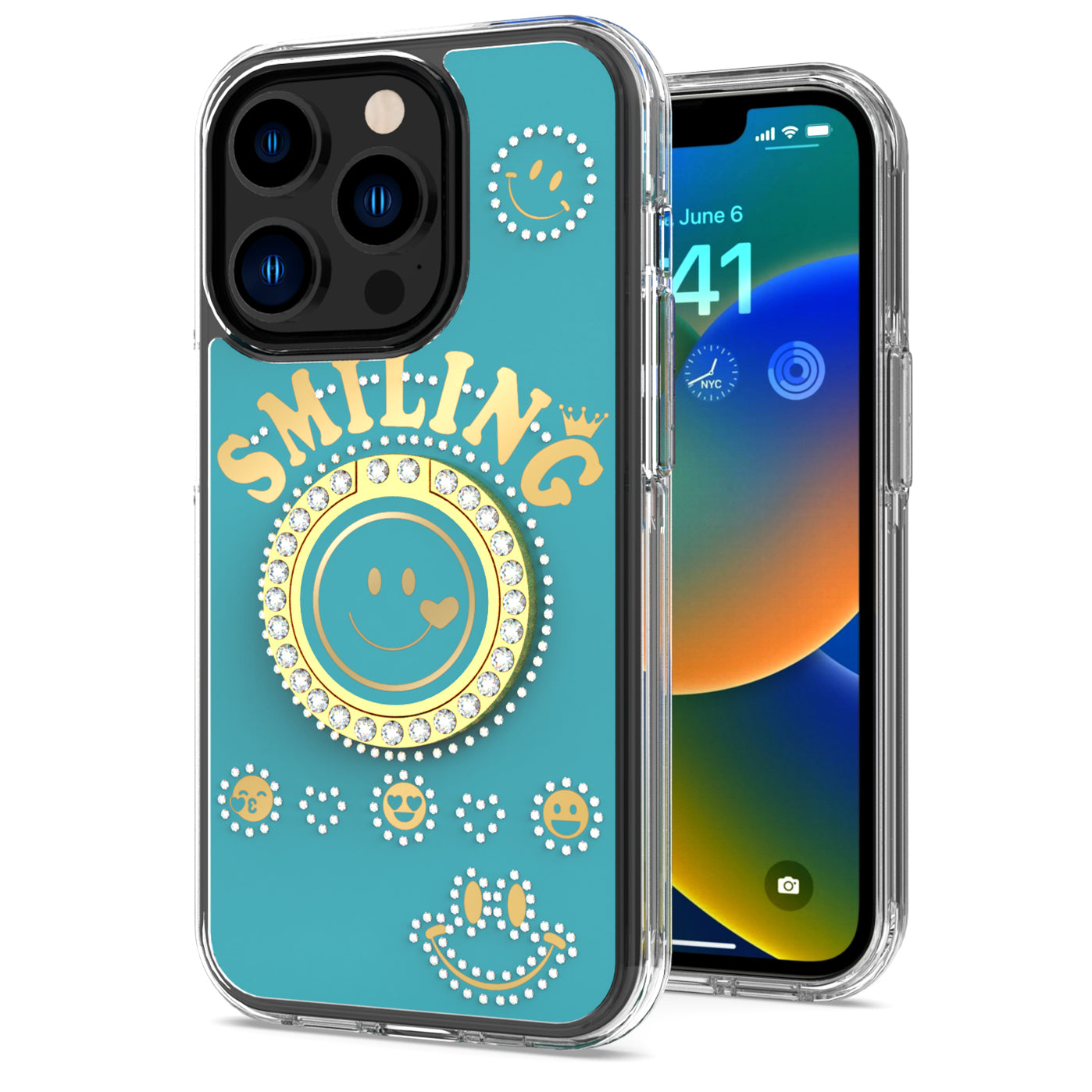For Apple iPhone 11 /Pro Max Smiling Glitter Ornament Bling Sparkle with Ring Stand Hybrid Slim TPU + Hard Back Shell  Phone Case Cover