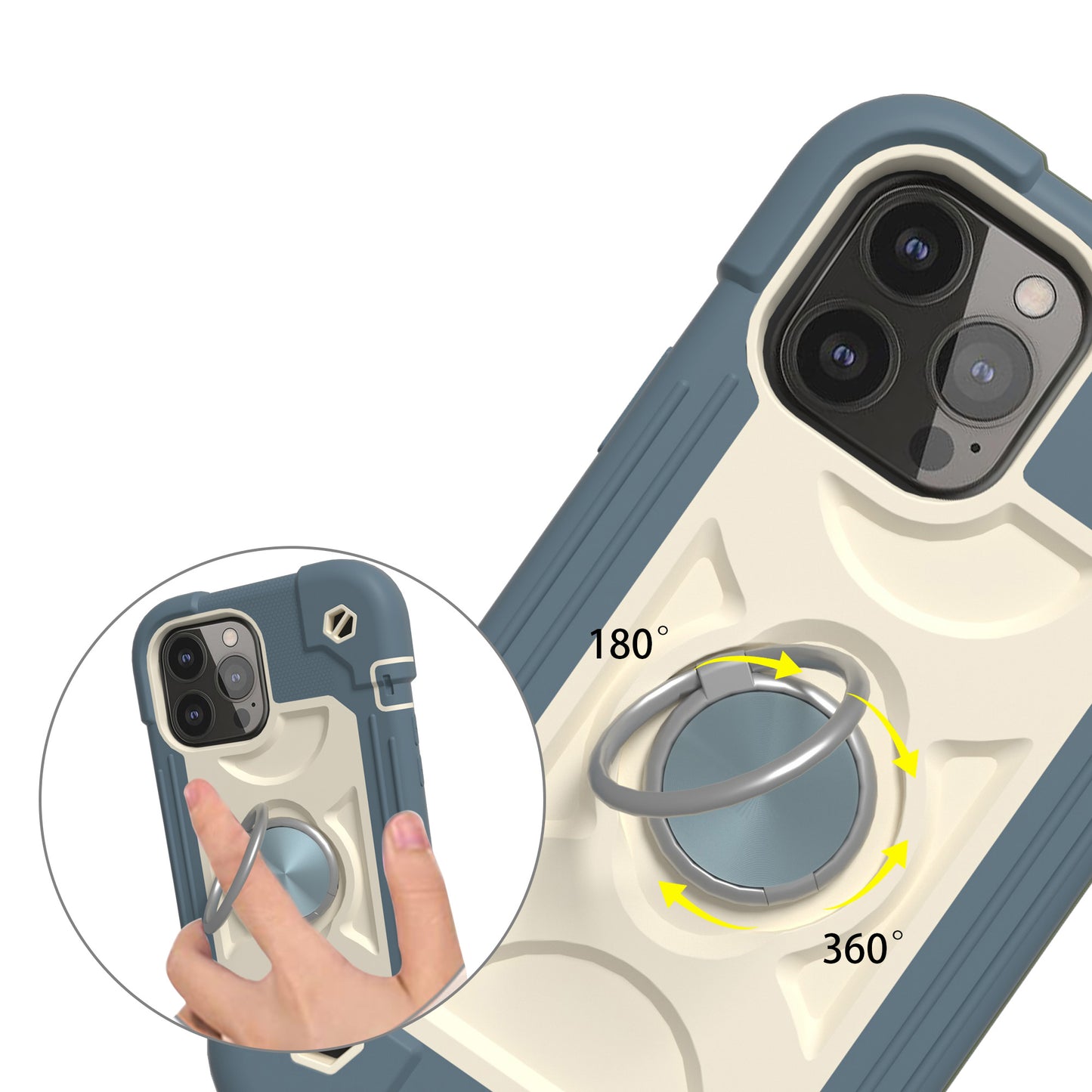 For Apple iPhone 11 (6.1") Armor Thick 3in1 Hybrid Rugged TPU Shock-Absorbing with Rotatable Double Rings Kickstand Light Blue Phone Case Cover