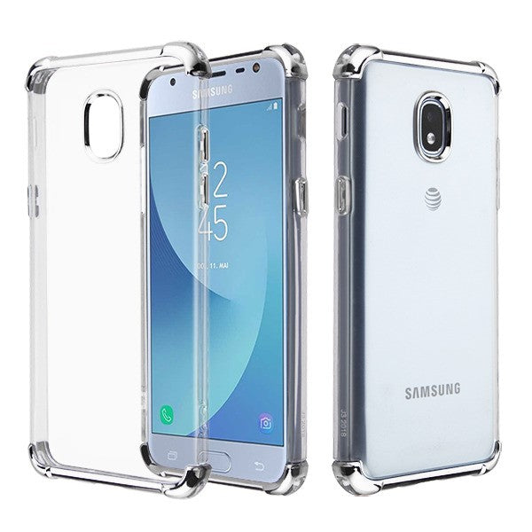 For Samsung Galaxy J3 (2018)/ Galaxy J3 Star/ Galaxy J3 Slim Hybrid Transparent Rubber Gummy Hard PC Silicone Electroplating Clear / Silver Phone Case Cover