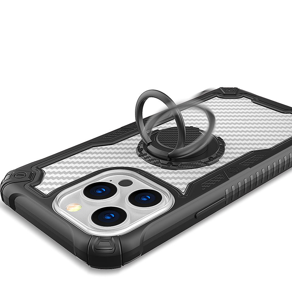 For Apple iPhone 13 /Pro Max Carbon Fiber Design [Military Grade Protection] with Ring Kickstand Shockproof Rugged Protective  Phone Case Cover