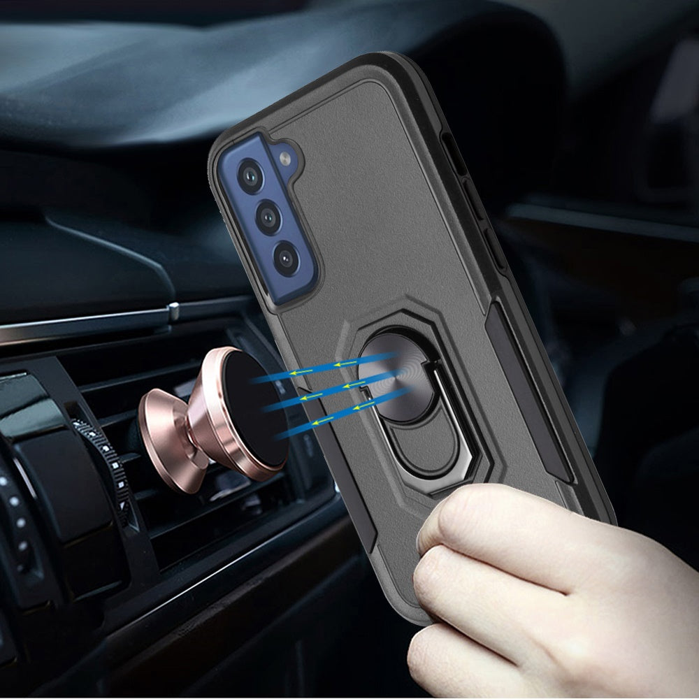 For Samsung Galaxy S21 Ultra Hybrid Tough Strong Dual Layer Hard PC TPU with Flat Magnetic Ring Stand Heavy-Duty Armor Black Phone Case Cover