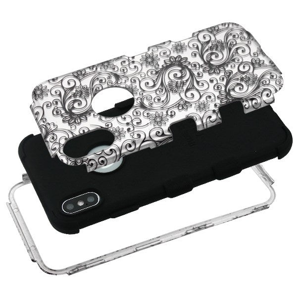 For Apple iPhone XS Max Stylish Hybrid Three Layer Hard PC Shockproof Heavy Duty TPU Rubber Anti-Drop Black Leaf Clover Flower Phone Case Cover