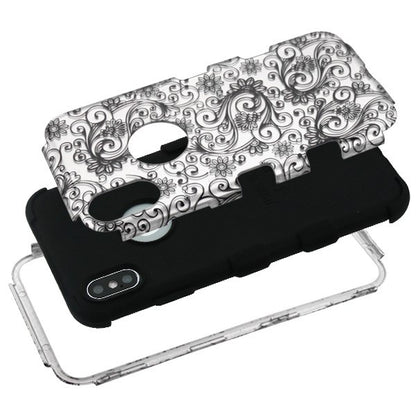 For Apple iPhone XS Max Stylish Hybrid Three Layer Hard PC Shockproof Heavy Duty TPU Rubber Anti-Drop Black Leaf Clover Flower Phone Case Cover