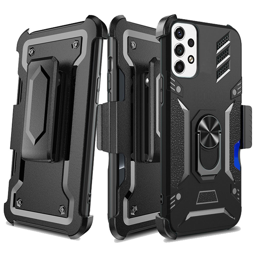 For Samsung Galaxy A23 5G Wallet Case with Invisible Credit Card Holder, 3 in 1 Combo Holster Clip and Ring Kickstand Black Phone Case Cover