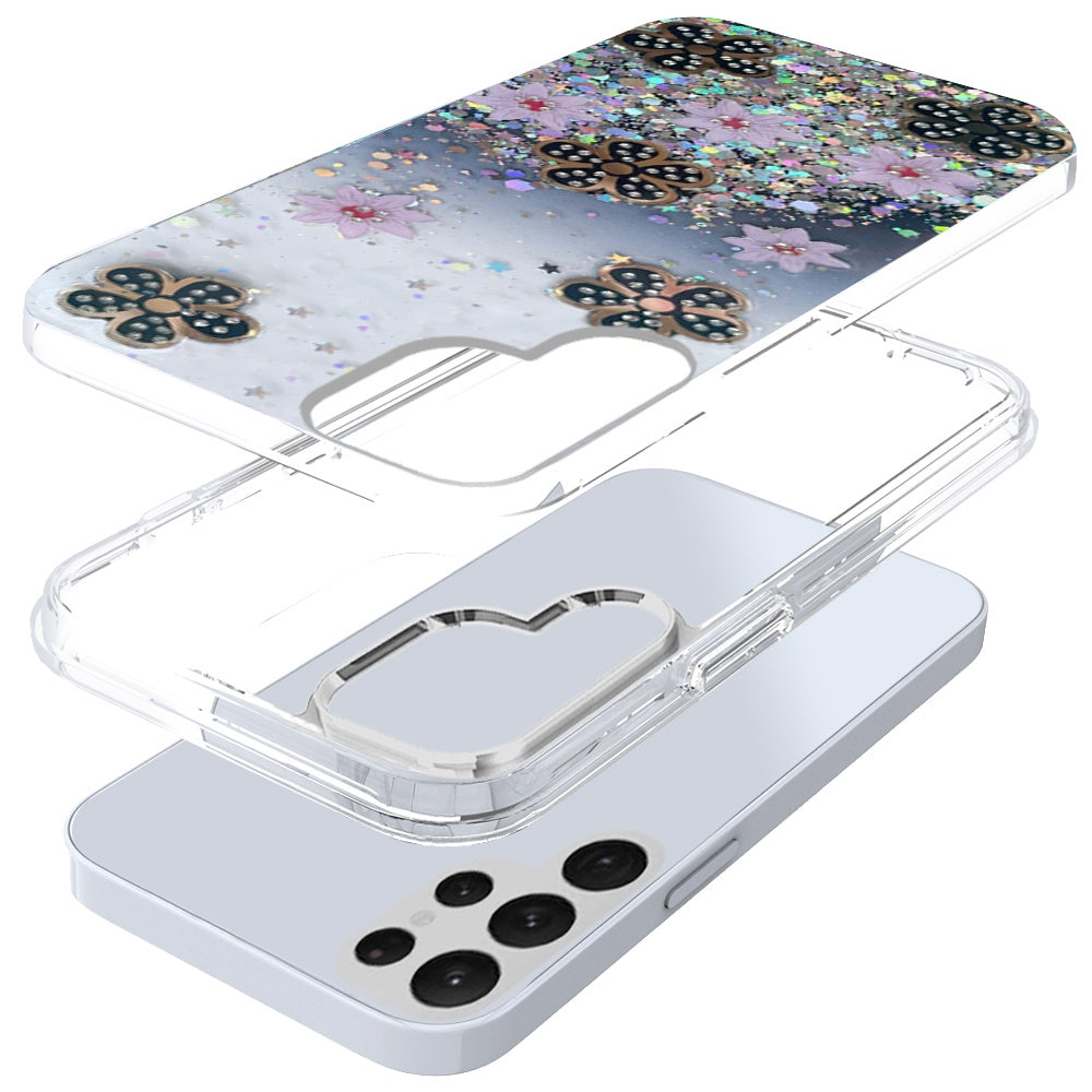 For Samsung Galaxy S22 Ultra Floral Stylish Design Glitter Shiny Hybrid Rubber TPU Hard PC Shockproof Armor Slim Fit  Phone Case Cover