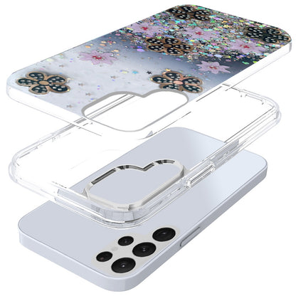 For Samsung Galaxy S22 Ultra Floral Stylish Design Glitter Shiny Hybrid Rubber TPU Hard PC Shockproof Armor Slim Fit  Phone Case Cover