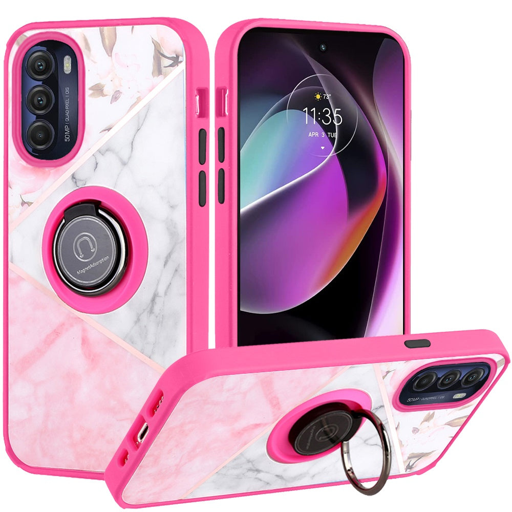 For Motorola Moto G 5G 2022 Marble Design with Magnetic Ring Kickstand Holder Hybrid TPU Hard PC Shockproof Armor Elegant Pink Phone Case Cover