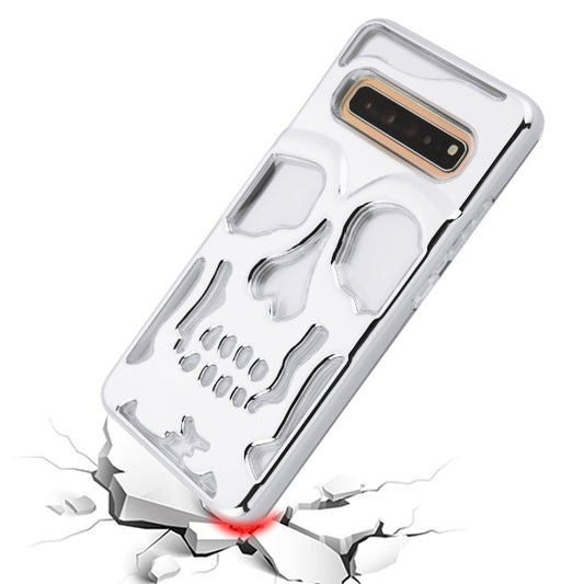 For Samsung Galaxy S10 5G (6.7") Hybrid Dual Layer Skull Skeleton Hard PC Shockproof TPU Rugged Plating Silver Clear Phone Case Cover