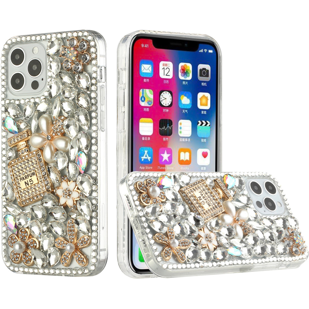 For Samsung Galaxy S21 Ultra Bling Clear Crystal 3D Full Diamonds Luxury Sparkle Rhinestone Hybrid Protective Pearl Flowers Perfume Phone Case Cover