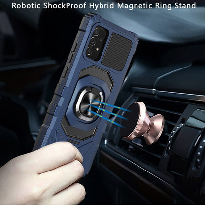 For Samsung Galaxy A03S Hybrid Dual Layer with Rotate Magnetic Ring Stand Holder Kickstand, Rugged Shockproof Protective Blue Phone Case Cover