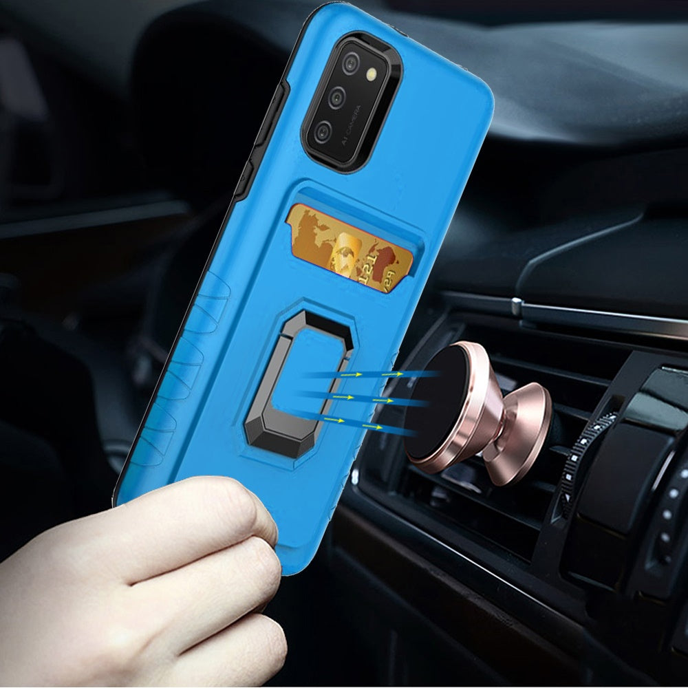 For Samsung Galaxy A02S Wallet Case Designed with Credit Card Holder & Ring Stand Kickstand Heavy Duty Hybrid Armor Blue Phone Case Cover